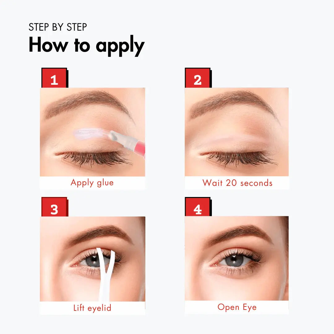 Step-by-step guide showing how to apply StuckUp Beauty eyelid glue for an instant eyelid lift on hooded eyes and monolids