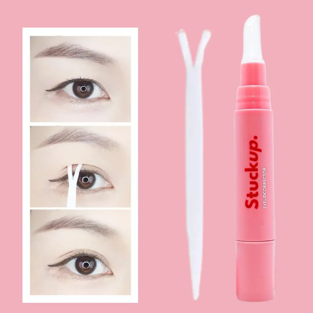 StuckUp Beauty Eyelid Corrector shown with step-by-step application for hooded eyes and monolids using the Y-shaped tool for an instant eyelid lift.