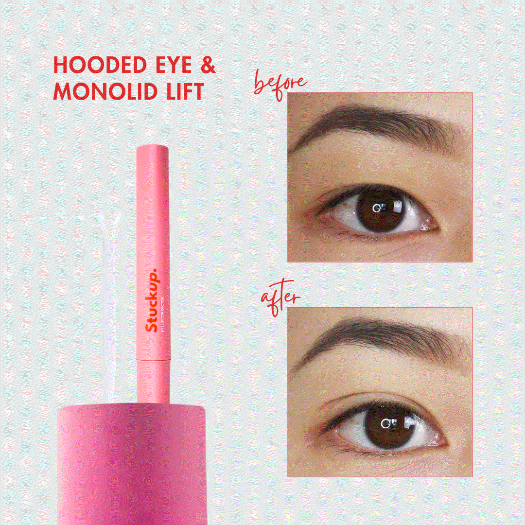 Stuckup Beauty Eyelid Lift Glue - Buy 2 Get 1 Free in a pale pink pen with red logo, offering a natural, non-surgical eyelid lift. Ideal for hooded eyes, monolids, and deep-set eyes, providing an invisible lift for up to 18 hours. Sweatproof, waterproof, and easy to apply with seamless makeup integration.