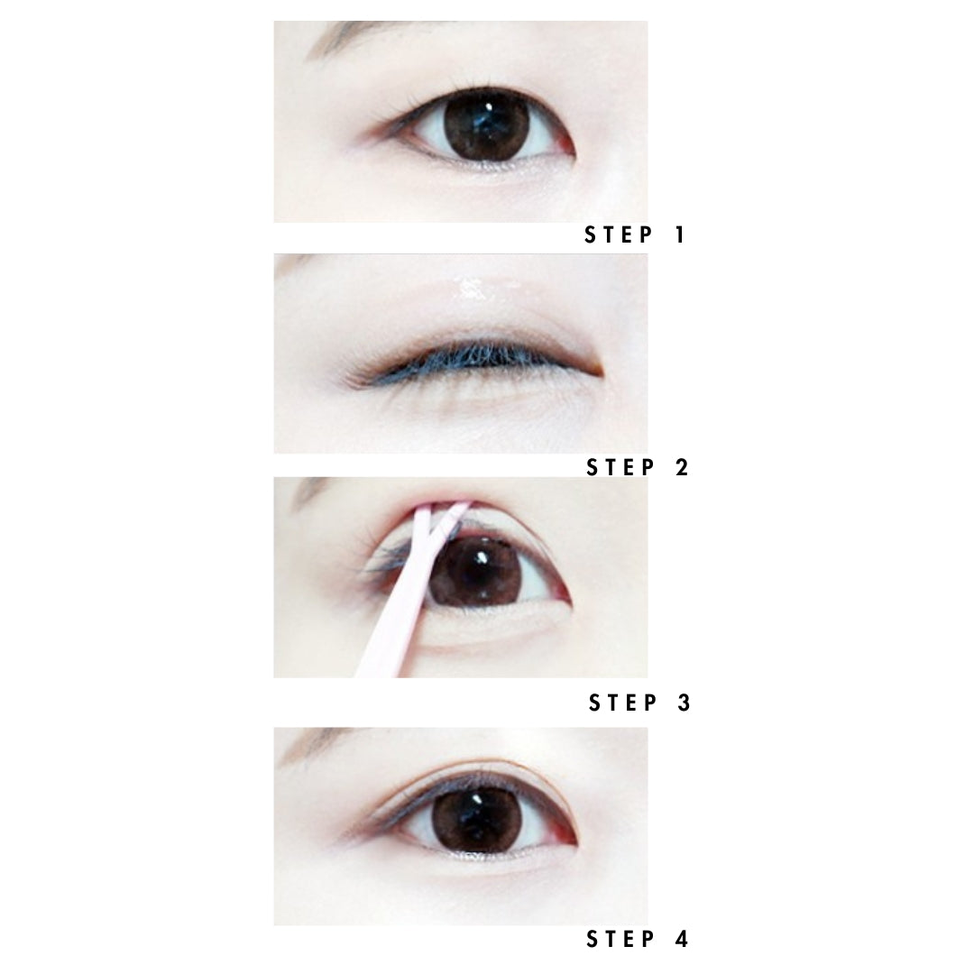 Step-by-step guide showing how to apply StuckUp Beauty double eyelid glue for hooded eyes and monolids to create an instant eyelid lift.