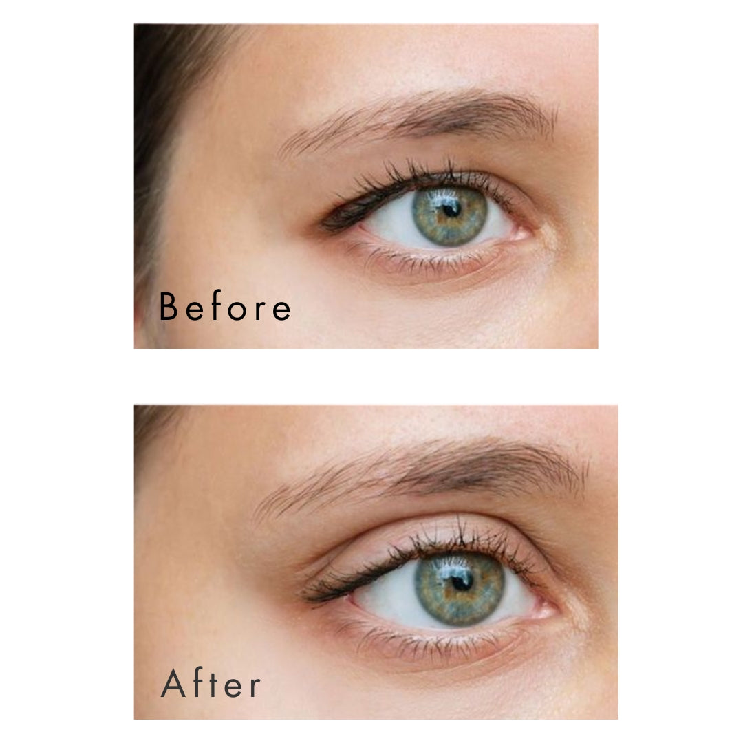 Before and after image showing instant eyelid lift results using StuckUp Beauty eyelid glue for hooded eyes and monolids.