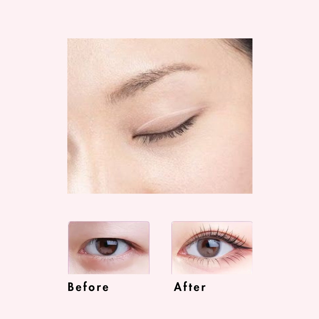 Before and after image showing monolid to double eyelid transformation using StuckUp Beauty double eyelid glue for hooded eyes and monolids.