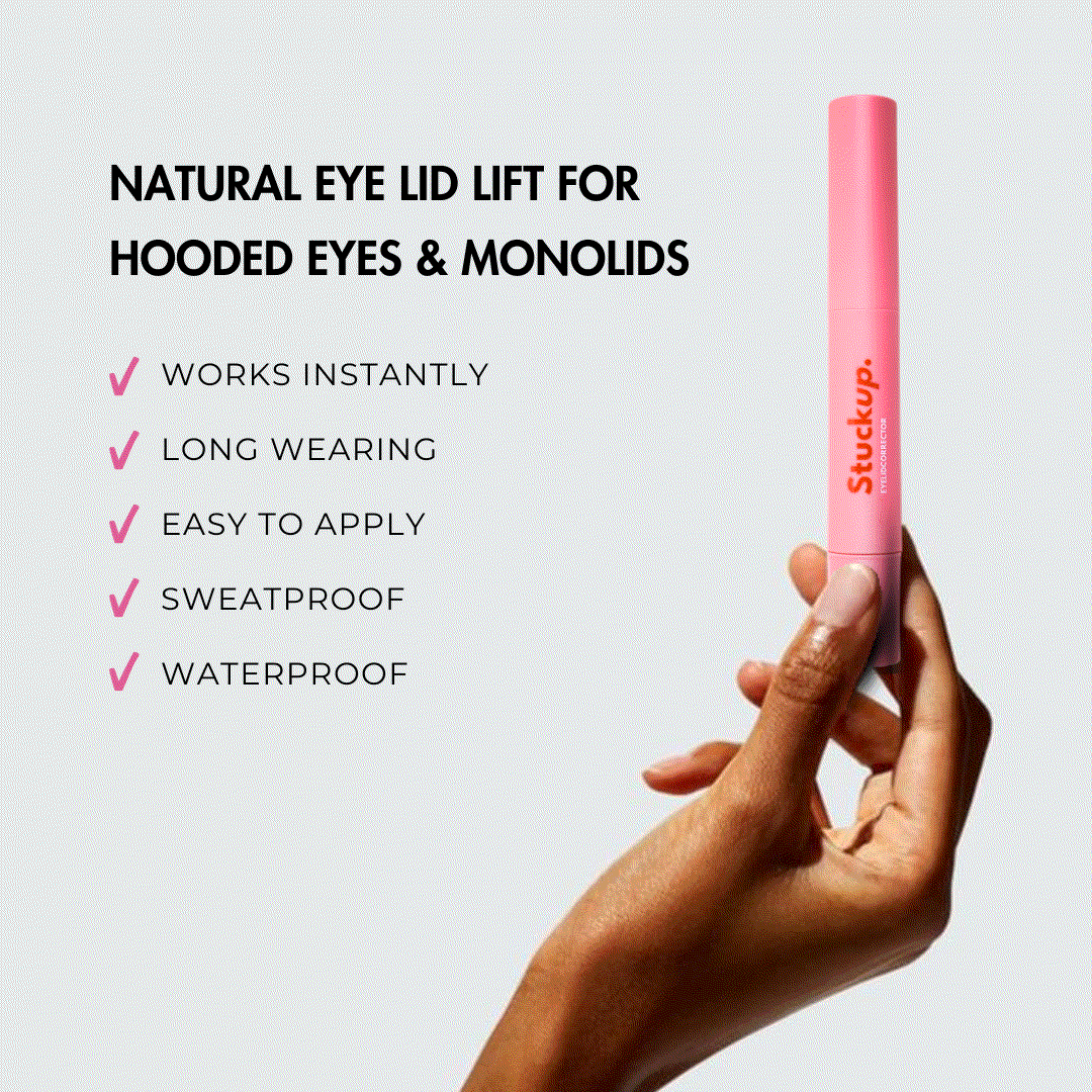 StuckUp Beauty Eyelid Corrector for hooded eyes and monolids shown with benefits including instant results, long wear, sweatproof, and waterproof performance