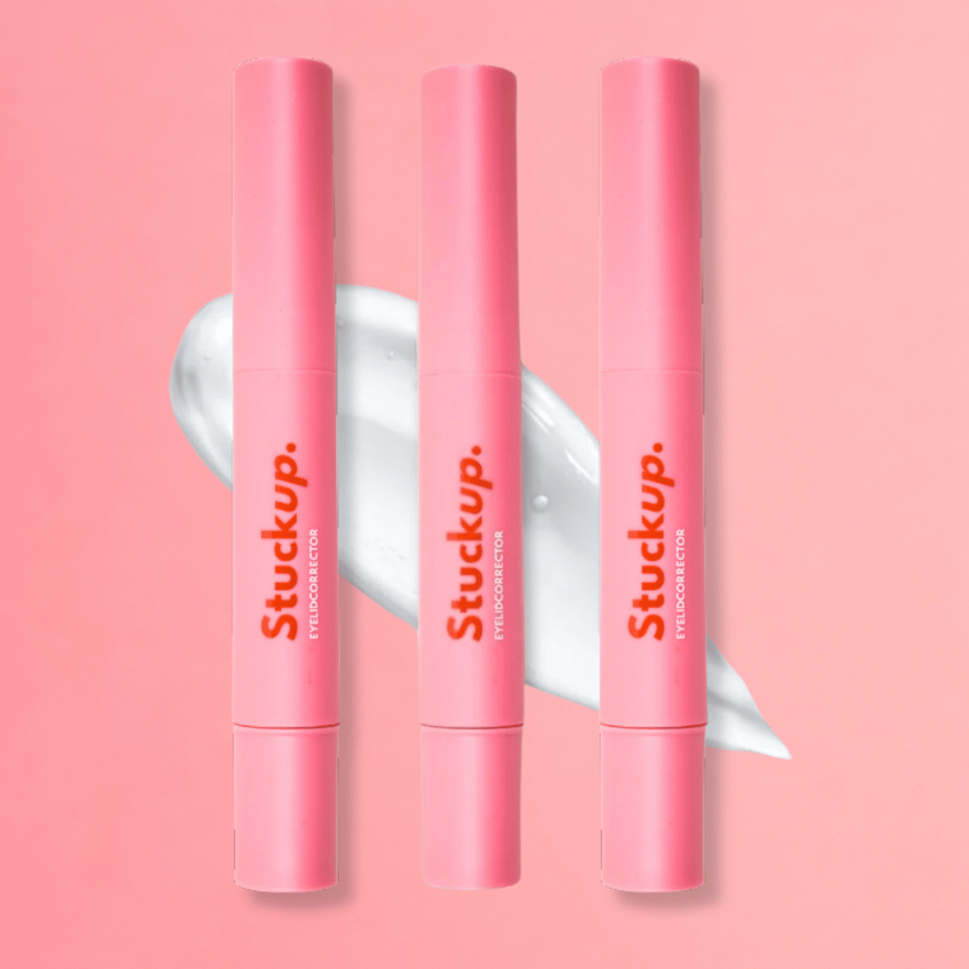 Three StuckUp Beauty Double Eyelid Glue tubes for hooded eyes and monolids shown in Buy 2 Get 1 Free offer for instant eyelid lift