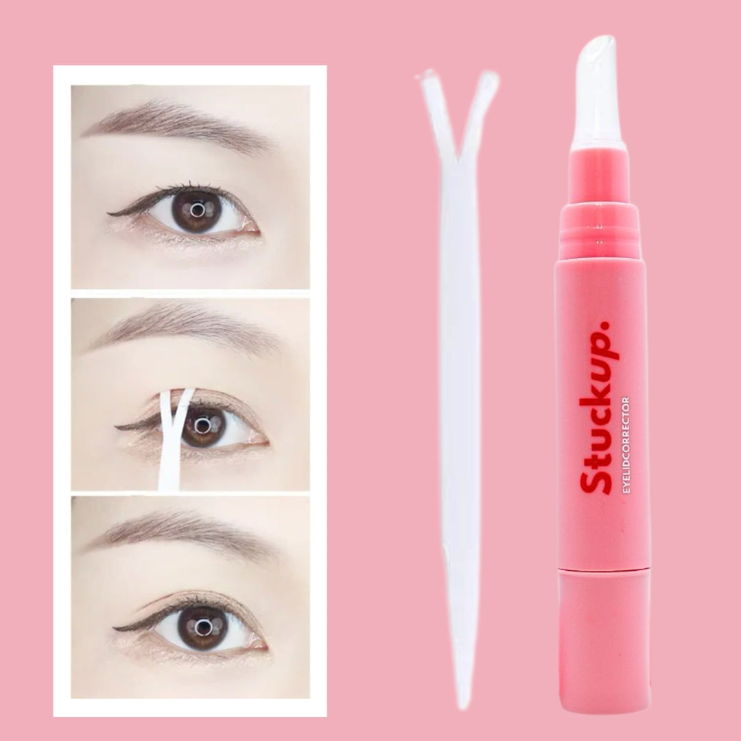 StuckUp Beauty Eyelid Corrector shown with step-by-step application for hooded eyes and monolids using the Y-shaped tool for an instant eyelid lift.