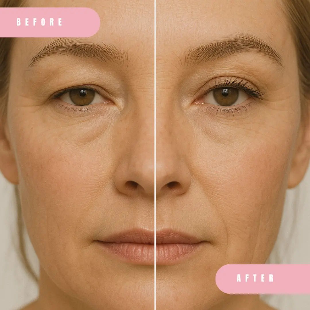 Before and after results showing lifted, smoother eyelids using StuckUp Beauty Eyelid Corrector for droopy eyelids and hooded eyes.