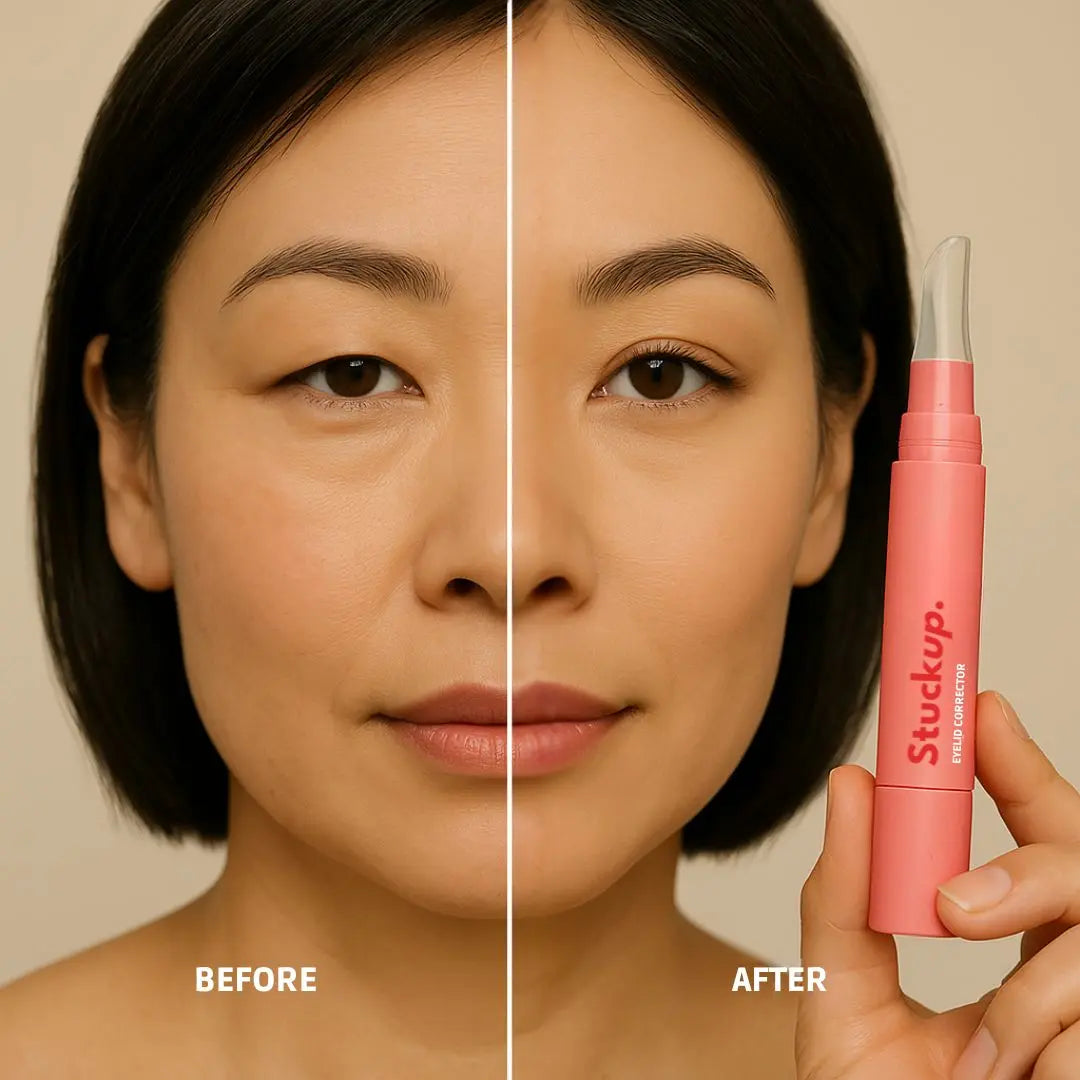 Before and after results using StuckUp Beauty Double Eyelid Glue showing instant eyelid lift for hooded eyes and monolids.