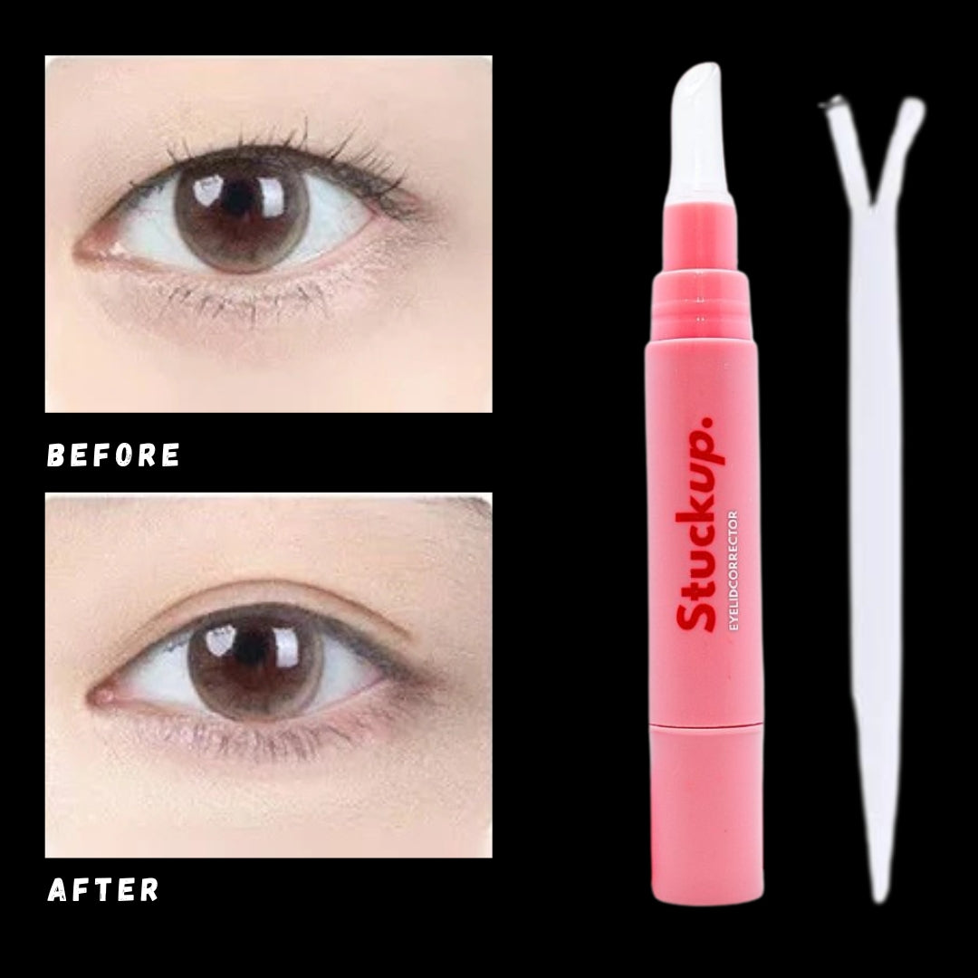 Before and after results using StuckUp Beauty Double Eyelid Glue for hooded eyes and monolids, showing instant eyelid lift with included Y-shaped tool