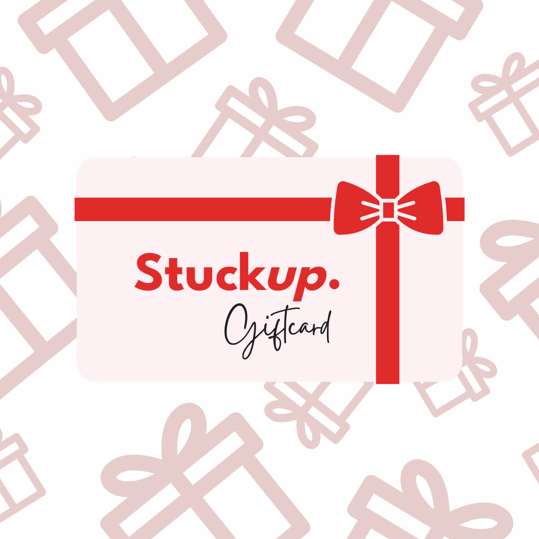 StuckUp Beauty digital gift card featuring red ribbon design, perfect for gifting double eyelid glue and instant eyelid lift products for hooded eyes.