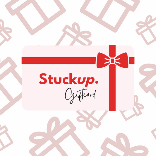StuckUp Beauty digital gift card featuring red ribbon design, perfect for gifting double eyelid glue and instant eyelid lift products for hooded eyes.
